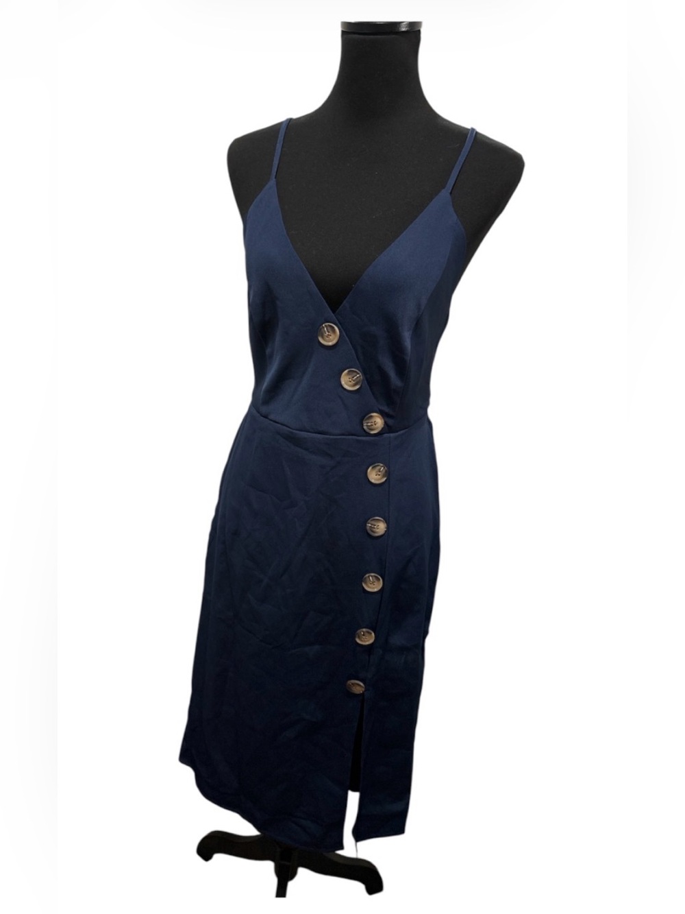 Navy Button-Front Spaghetti Strap Dress